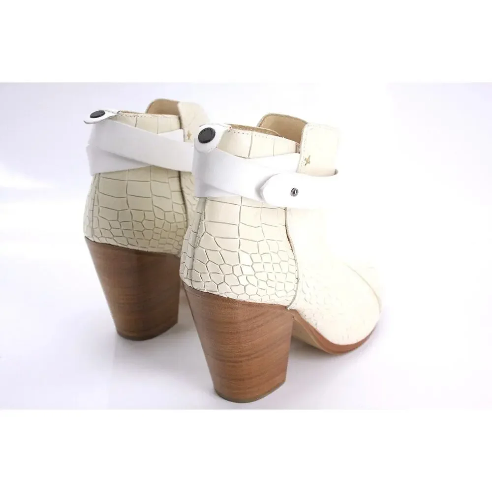 Rag & Bone Ivory Leather Harrow Ankle Booties SZ 39.5 Belted Block Heel New $550